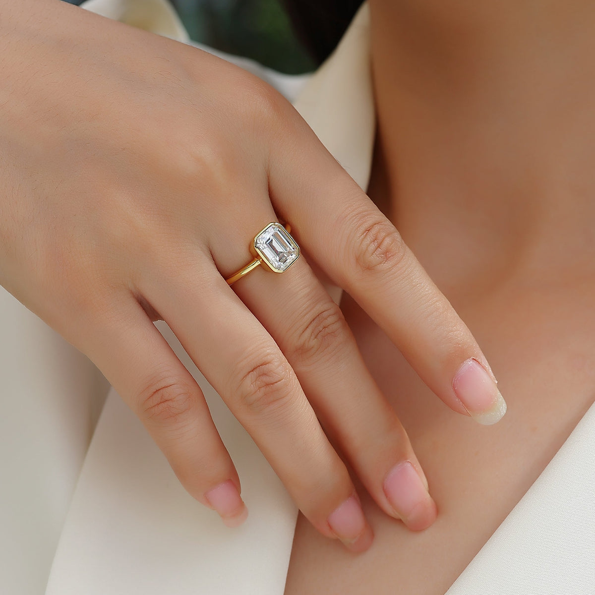 3 Carat Emerald Cut Moissanite Engagement Ring – Bezel Setting, Classic Solitaire Design,