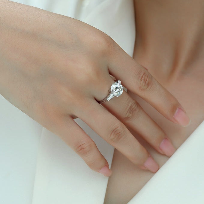 3CT Round Cut Moissanite Engagement Ring with Tapered Baguette Side Stones, Classic Three Stone Design