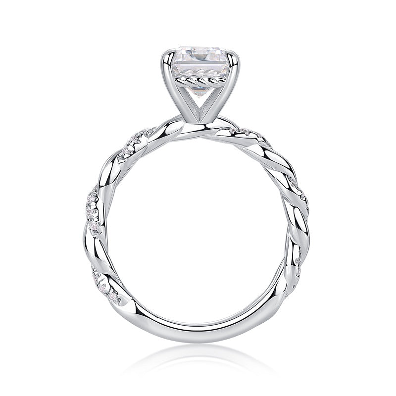 3CT Emerald Cut Moissanite Engagement Ring, Twisted Band with Pavé Side Stones,
