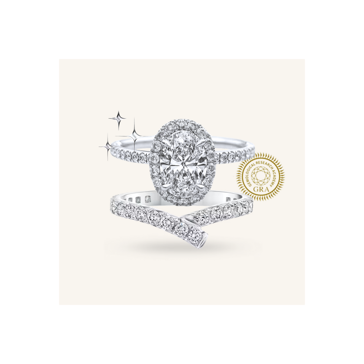 Moissanite Oval-Shaped Diamond Micropavé Engagement Ring Set – white background product image