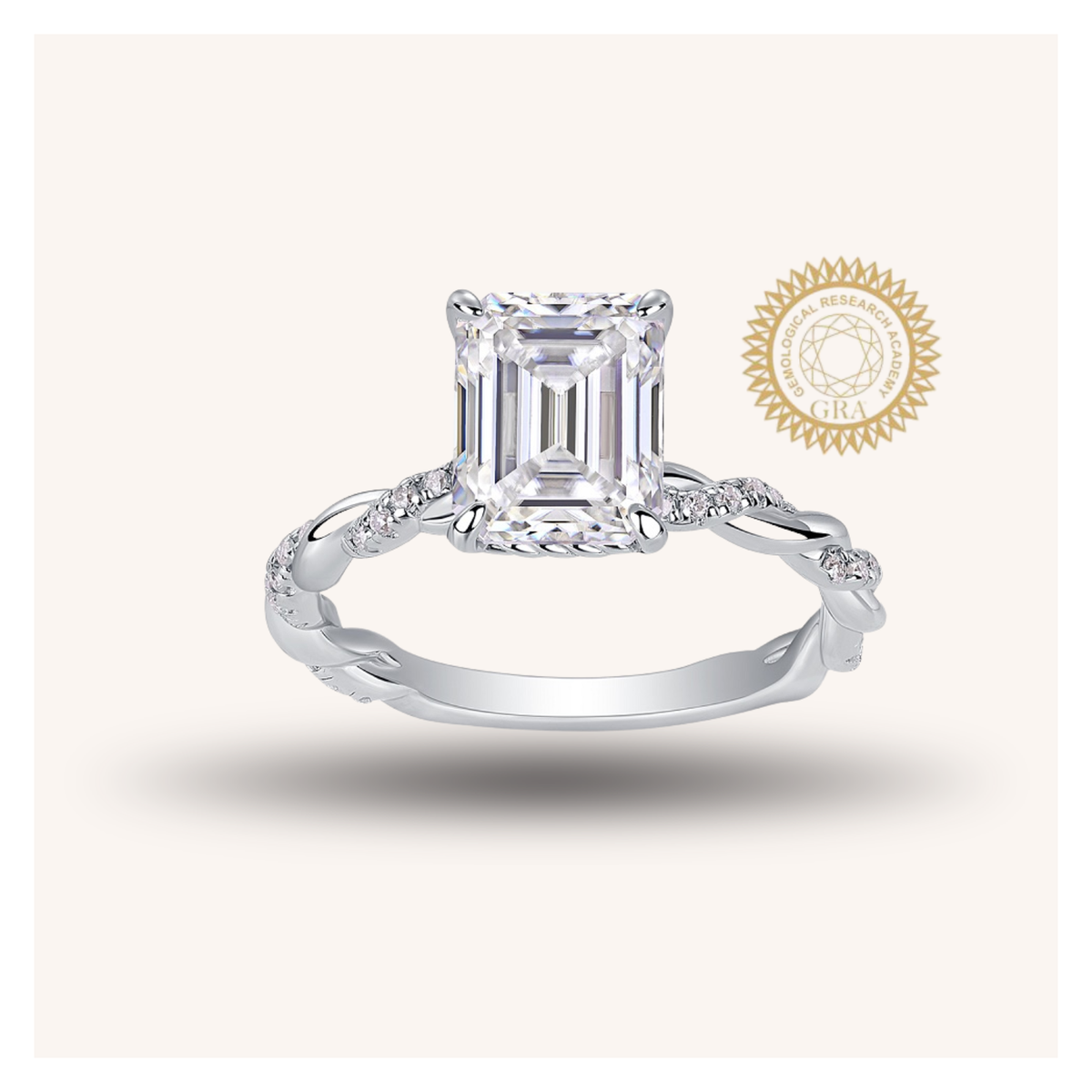 3CT Emerald Cut Moissanite Engagement Ring, Twisted Band with Pavé Side Stones, – white background product image