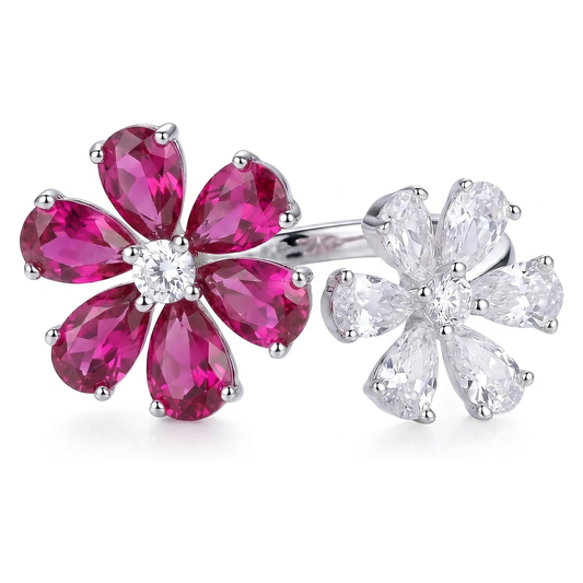 Double Flower Pear Cut Open Ring in S925 Sterling Silver – white background product image