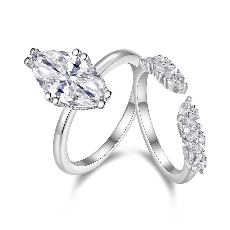3CT Marquise Cut Moissanite Lace Band Ring Set | Hidden Halo Design |