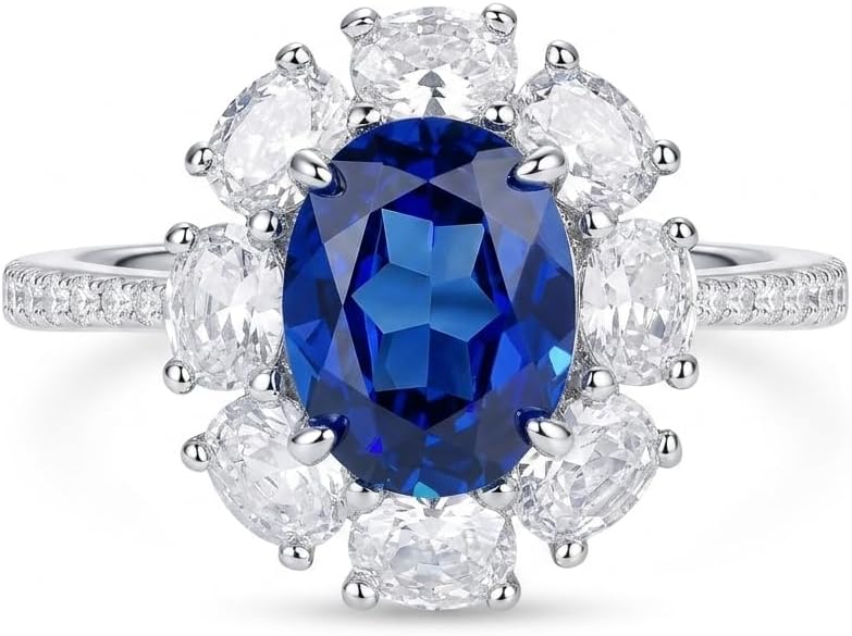 3 Carat Oval Sapphire Blue Cubic Zirconia Halo Ring, 925 Sterling Silver Ring with Platinum Plating, Sapphire Rings for Women, Floral Engagement Ring,Cocktail Ring, Gift for Her