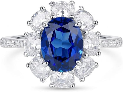 3 Carat Oval Sapphire Blue Cubic Zirconia Halo Ring, 925 Sterling Silver Ring with Platinum Plating, Sapphire Rings for Women, Floral Engagement Ring,Cocktail Ring, Gift for Her
