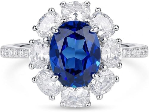 3 Carat Oval Sapphire Blue Cubic Zirconia Halo Ring, 925 Sterling Silver Ring with Platinum Plating, Sapphire Rings for Women, Floral Engagement Ring,Cocktail Ring, Gift for Her