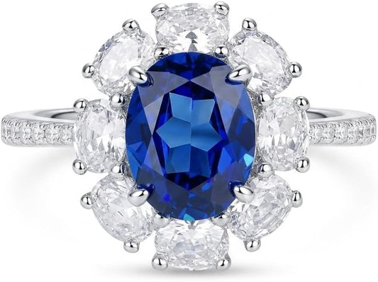3 Carat Oval Sapphire Blue Cubic Zirconia Halo Ring, 925 Sterling Silver Ring with Platinum Plating, Sapphire Rings for Women, Floral Engagement Ring,Cocktail Ring, Gift for Her