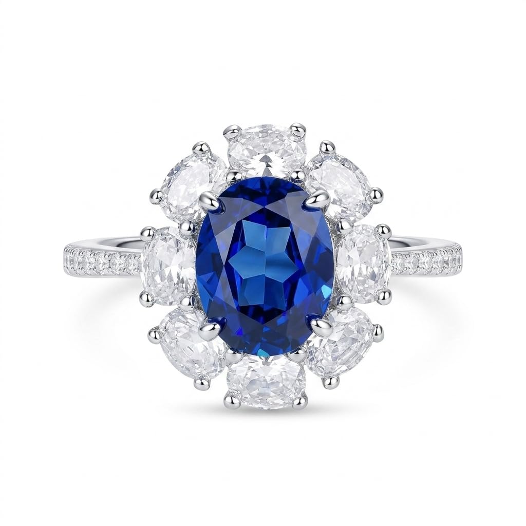 3 Carat Oval Sapphire Blue Cubic Zirconia Halo Ring, 925 Sterling Silver Ring with Platinum Plating, Sapphire Rings for Women, Floral Engagement Ring,Cocktail Ring, Gift for Her
