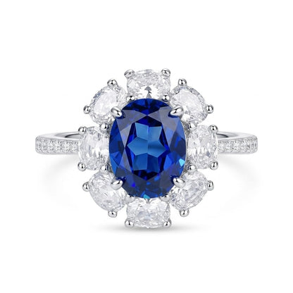 3 Carat Oval Sapphire Blue Cubic Zirconia Halo Ring, 925 Sterling Silver Ring with Platinum Plating, Sapphire Rings for Women, Floral Engagement Ring,Cocktail Ring, Gift for Her