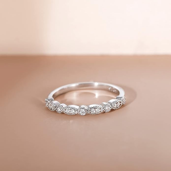 Marquise & Round Milgrain Half Eternity Stackable Ring 925 Sterling Silver Wedding Band