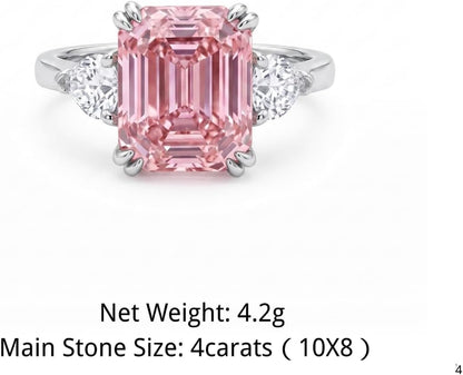 4 Carat Pink Asscher Cut CZ Engagement Ring for Women, Three Stone 925 Sterling Silver Promise Ring with Platinum Plating, Wedding Ring, Cocktail Ring, Pink Ring, Anniversary Jewelry Gift, Diamond Alternative