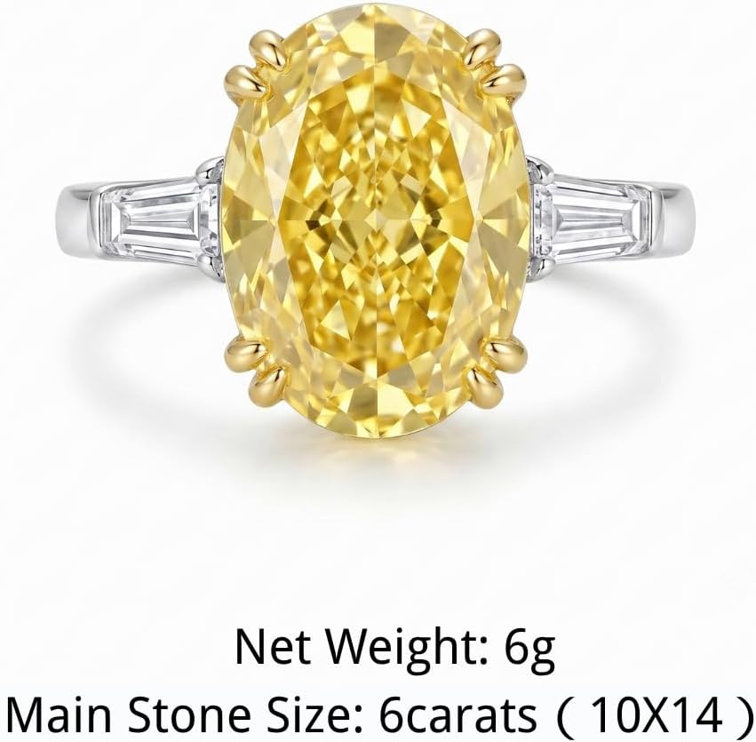 6 Carat Oval Cut Cubic Zirconia Engagement Ring for Women, 925 Sterling Silver Platinum Plated Three Stone Promise Ring with Tapered Baguette Side Stones