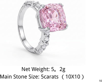 5CT Cushion Cut Cubic Zirconia Engagement Ring for Women, 925 Sterling Silver Platinum Plated Side Stone Cocktail Promise Ring