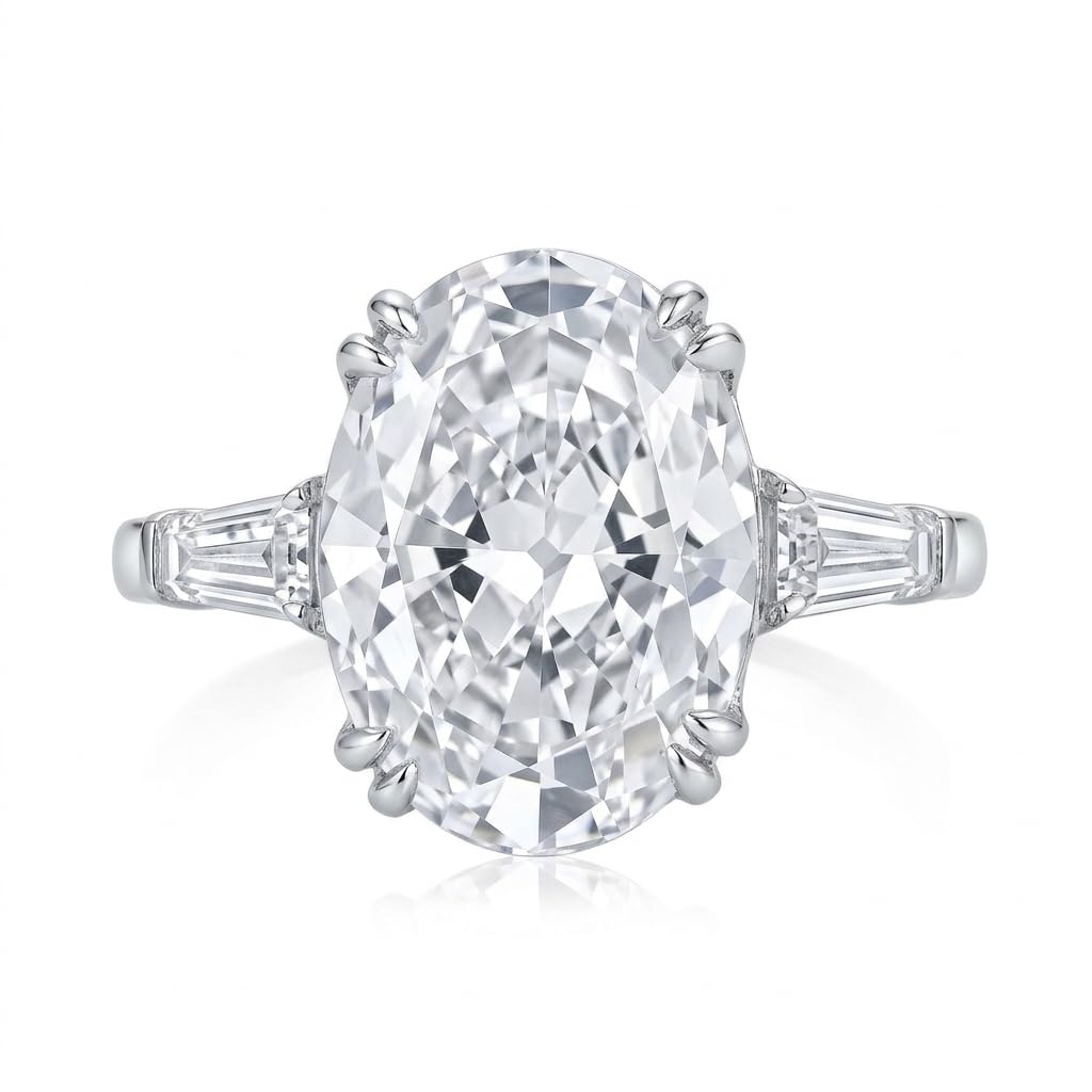 6 Carat Oval Cut Cubic Zirconia Engagement Ring for Women, 925 Sterling Silver Platinum Plated Three Stone Promise Ring with Tapered Baguette Side Stones