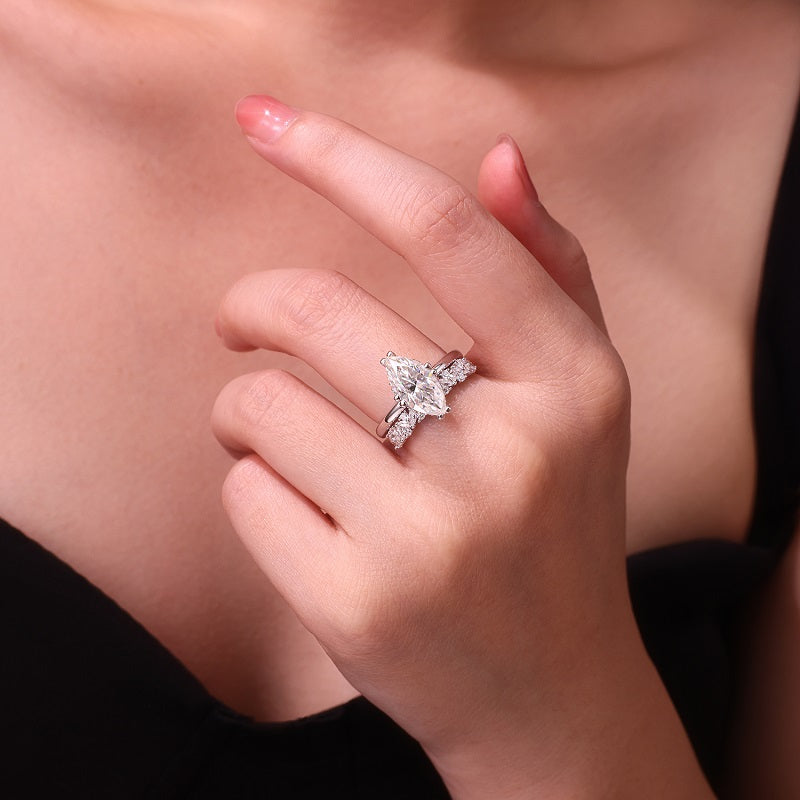 3CT Marquise Cut Moissanite Lace Band Ring Set | Hidden Halo Design |