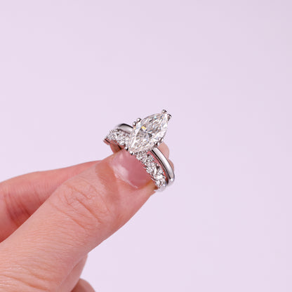 3CT Marquise Cut Moissanite Lace Band Ring Set | Hidden Halo Design |