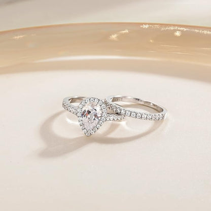 1.5CT Teardrop Halo Cubic Zirconia Ring Set