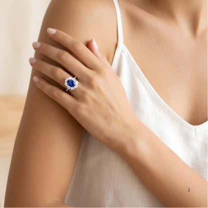 3 Carat Oval Sapphire Blue Cubic Zirconia Halo Ring, 925 Sterling Silver Ring with Platinum Plating, Sapphire Rings for Women, Floral Engagement Ring,Cocktail Ring, Gift for Her