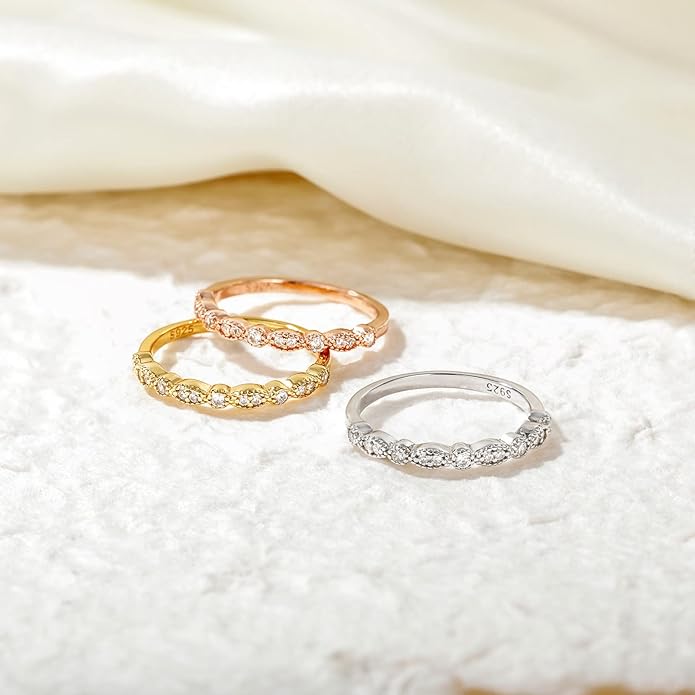 Marquise & Round Milgrain Half Eternity Stackable Ring 925 Sterling Silver Wedding Band