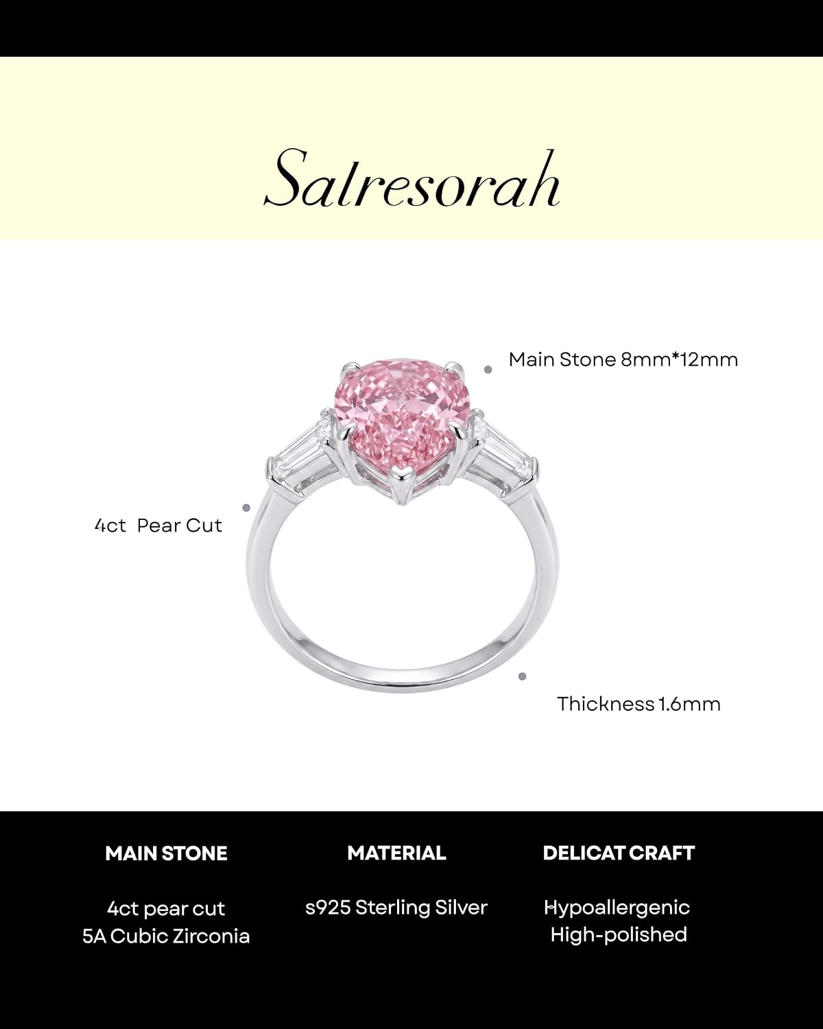 4 Carat Pear Cut Engagement Ring for Women, 925 Sterling Silver Three Stone Cubic Zirconia Ring with Platinum Plating, Baguette Side Stones, Promise Ring, Bridal Wedding Jewelry, Gift for Her