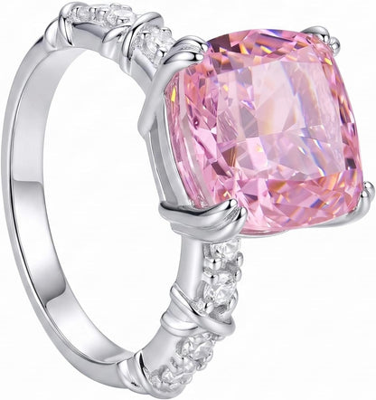 5CT Cushion Cut Cubic Zirconia Engagement Ring for Women, 925 Sterling Silver Platinum Plated Side Stone Cocktail Promise Ring