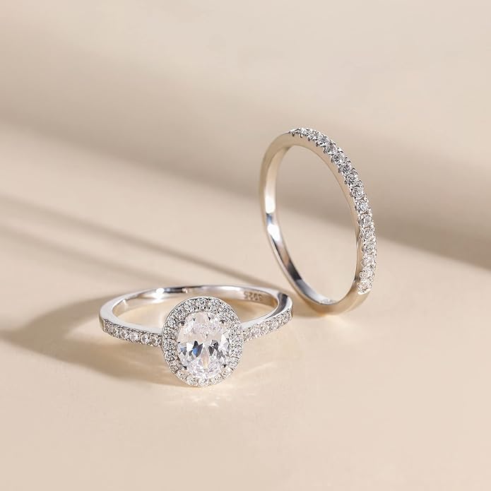 1.5CT 925 Sterling Silver Brilliant Oval Cubic Zirconia Promise Ring Set