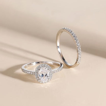 1.5CT 925 Sterling Silver Brilliant Oval Cubic Zirconia Promise Ring Set