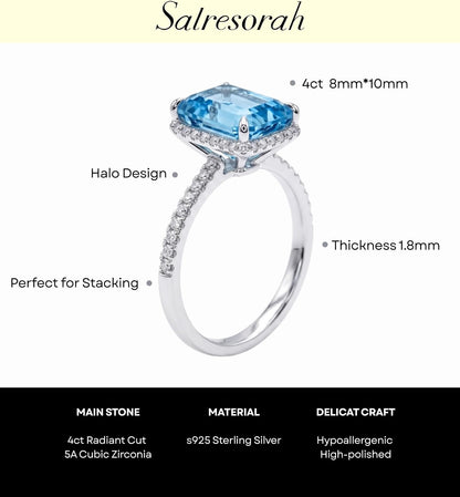 4 CT Radiant Cut Crushed Ice Cubic Zirconia Engagement Ring for Women, Hidden Halo 925 Sterling Silver Platinum Plated Promise Ring, Three Stone Statement Ring, Available in 5 Colors