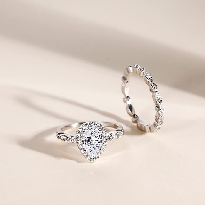 1,5 Karat 925 Sterling Silber Hochzeit Tropfen Brautring Set