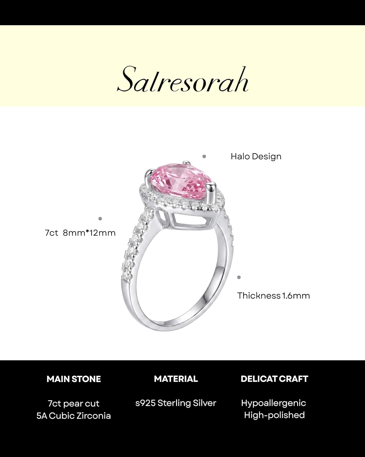 7 Carat Pear Cut Cubic Zirconia Engagement Ring for Women, Crushed Ice Halo 925 Sterling Silver Platinum Plated Teardrop Promise Ring, Statement Bridal Jewelry