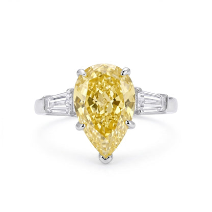 4 Carat Pear Cut Engagement Ring for Women, 925 Sterling Silver Three Stone Cubic Zirconia Ring with Platinum Plating, Baguette Side Stones, Promise Ring, Bridal Wedding Jewelry, Gift for Her