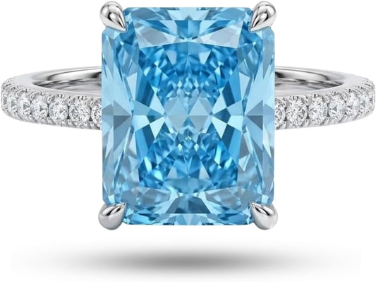 4 CT Radiant Cut Crushed Ice Cubic Zirconia Engagement Ring for Women, Hidden Halo 925 Sterling Silver Platinum Plated Promise Ring, Three Stone Statement Ring, Available in 5 Colors