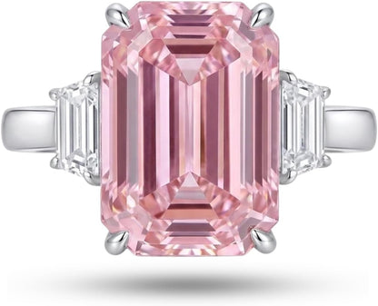 7 Carat Emerald Cut Cubic Zirconia Three Stone Engagement Ring for Women, 925 Sterling Silver Platinum Plated Promise Ring with Tapered Baguette Side Stones, Statement Wedding Jewelry