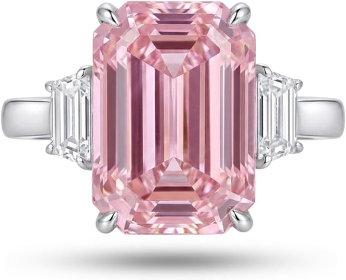 7 Carat Emerald Cut Cubic Zirconia Three Stone Engagement Ring for Women, 925 Sterling Silver Platinum Plated Promise Ring with Tapered Baguette Side Stones, Statement Wedding Jewelry