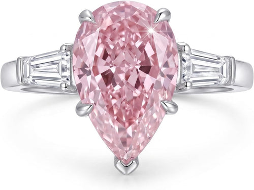4 Carat Pear Cut Engagement Ring for Women, 925 Sterling Silver Three Stone Cubic Zirconia Ring with Platinum Plating, Baguette Side Stones, Promise Ring, Bridal Wedding Jewelry, Gift for Her