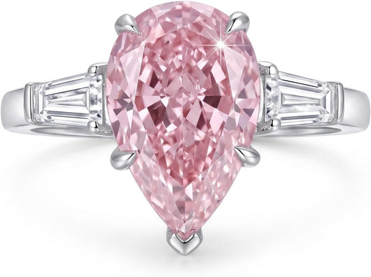 4 Carat Pear Cut Engagement Ring for Women, 925 Sterling Silver Three Stone Cubic Zirconia Ring with Platinum Plating, Baguette Side Stones, Promise Ring, Bridal Wedding Jewelry, Gift for Her