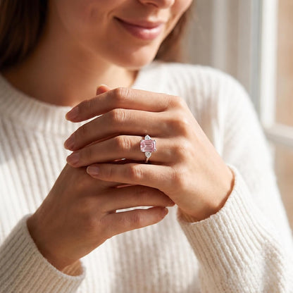4 Carat Pink Asscher Cut CZ Engagement Ring for Women, Three Stone 925 Sterling Silver Promise Ring with Platinum Plating, Wedding Ring, Cocktail Ring, Pink Ring, Anniversary Jewelry Gift, Diamond Alternative