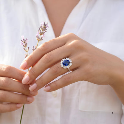 3 Carat Oval Sapphire Blue Cubic Zirconia Halo Ring, 925 Sterling Silver Ring with Platinum Plating, Sapphire Rings for Women, Floral Engagement Ring,Cocktail Ring, Gift for Her