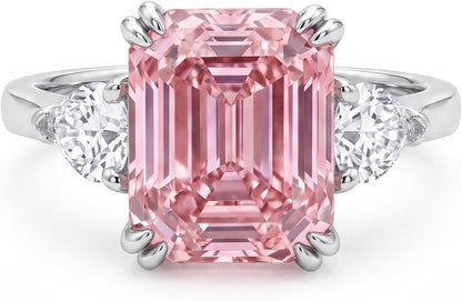 4 Carat Pink Asscher Cut CZ Engagement Ring for Women, Three Stone 925 Sterling Silver Promise Ring with Platinum Plating, Wedding Ring, Cocktail Ring, Pink Ring, Anniversary Jewelry Gift, Diamond Alternative