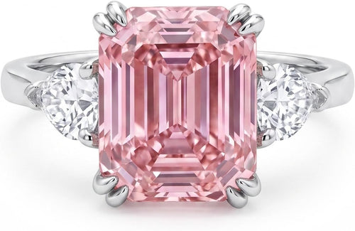 4 Carat Pink Asscher Cut CZ Engagement Ring for Women, Three Stone 925 Sterling Silver Promise Ring with Platinum Plating, Wedding Ring, Cocktail Ring, Pink Ring, Anniversary Jewelry Gift, Diamond Alternative