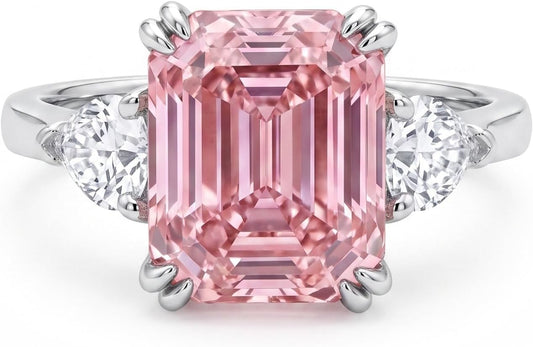 4 Carat Pink Asscher Cut CZ Engagement Ring for Women, Three Stone 925 Sterling Silver Promise Ring with Platinum Plating, Wedding Ring, Cocktail Ring, Pink Ring, Anniversary Jewelry Gift, Diamond Alternative