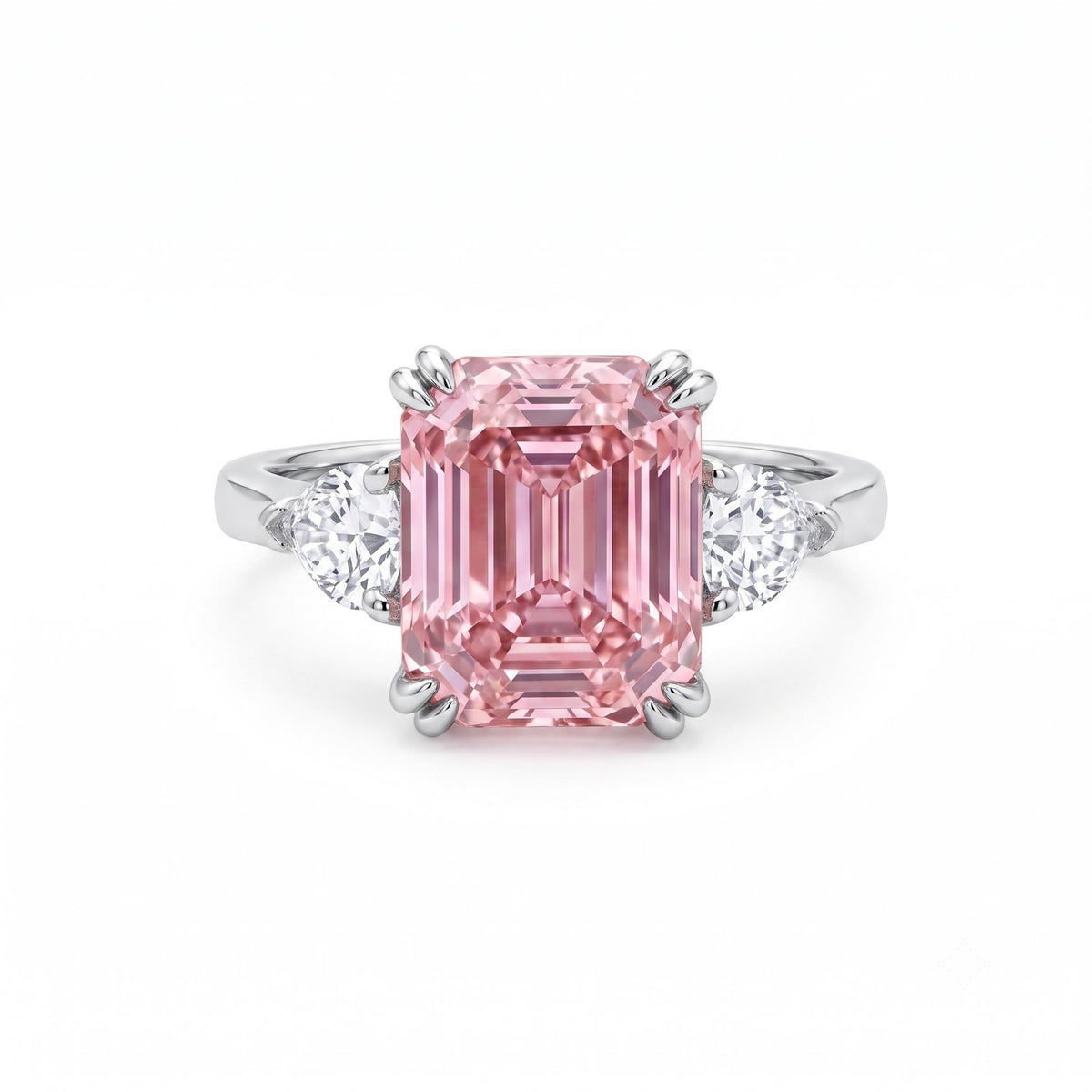 4 Carat Pink Asscher Cut CZ Engagement Ring for Women, Three Stone 925 Sterling Silver Promise Ring with Platinum Plating, Wedding Ring, Cocktail Ring, Pink Ring, Anniversary Jewelry Gift, Diamond Alternative
