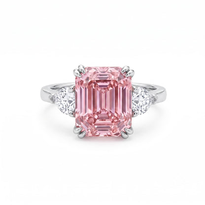 4 Carat Pink Asscher Cut CZ Engagement Ring for Women, Three Stone 925 Sterling Silver Promise Ring with Platinum Plating, Wedding Ring, Cocktail Ring, Pink Ring, Anniversary Jewelry Gift, Diamond Alternative