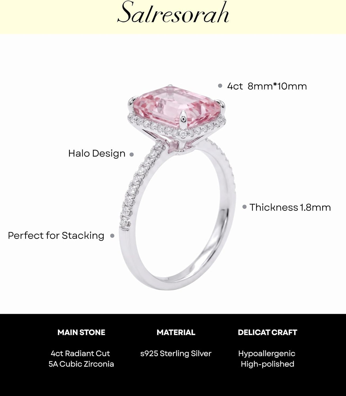 Side profile of pink radiant cut hidden halo ring
