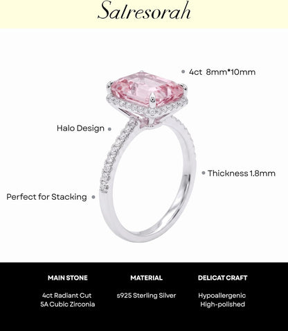 Side profile of pink radiant cut hidden halo ring