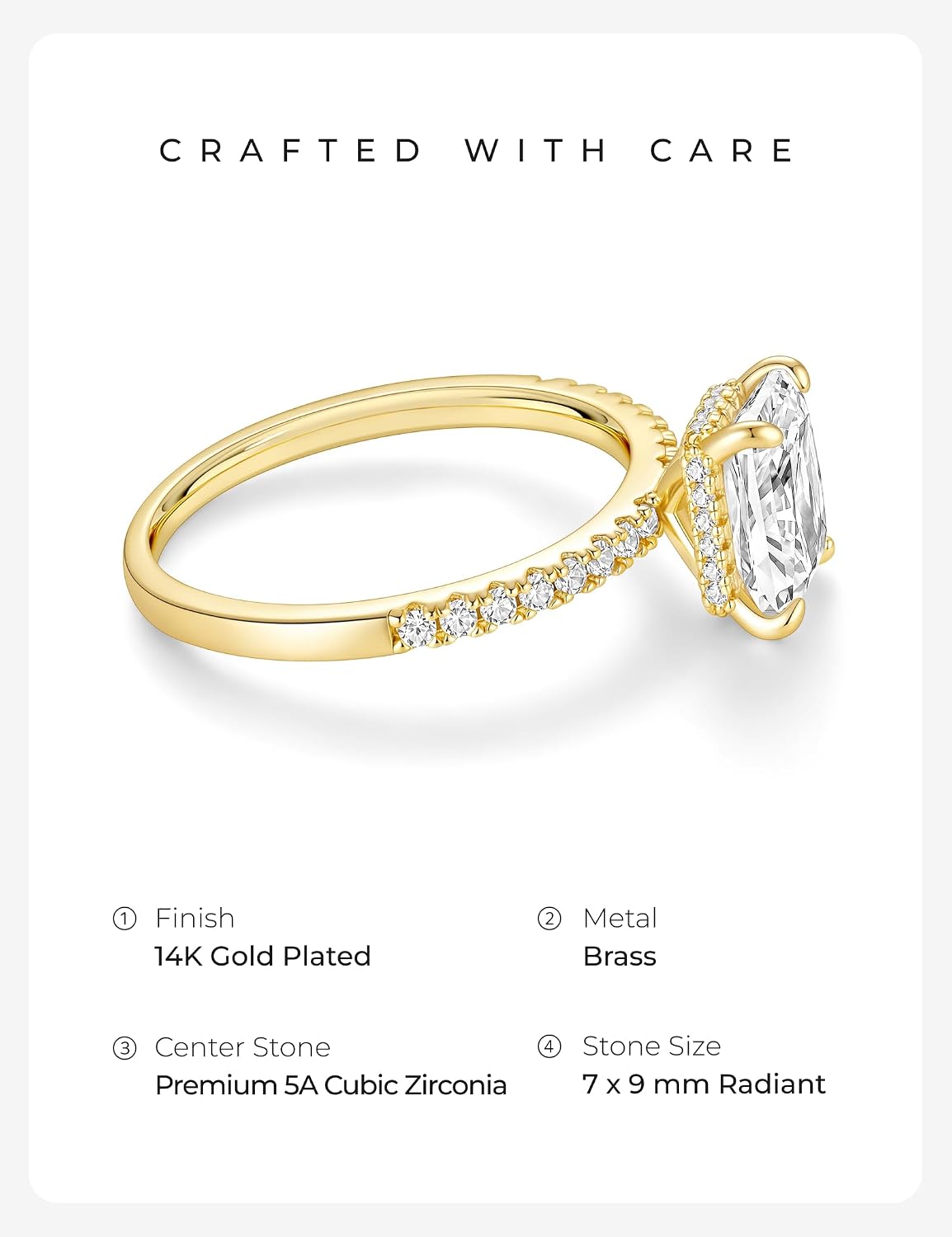 Radiant Cut Engagement Ring – Gold or Silver Tone – product view 2
