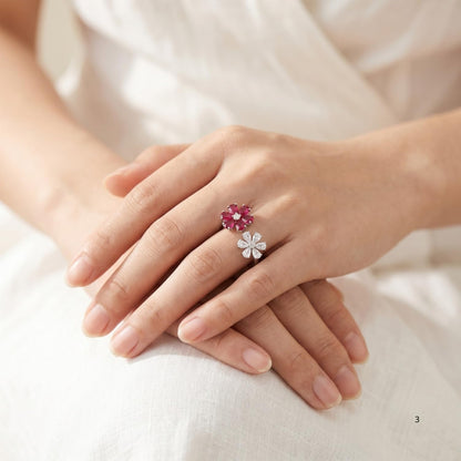 Floral Open Ring for Women, 925 Sterling Silver Pear Shape Cubic Zirconia Statement Ring, Platinum Plated Cocktail Jewelry