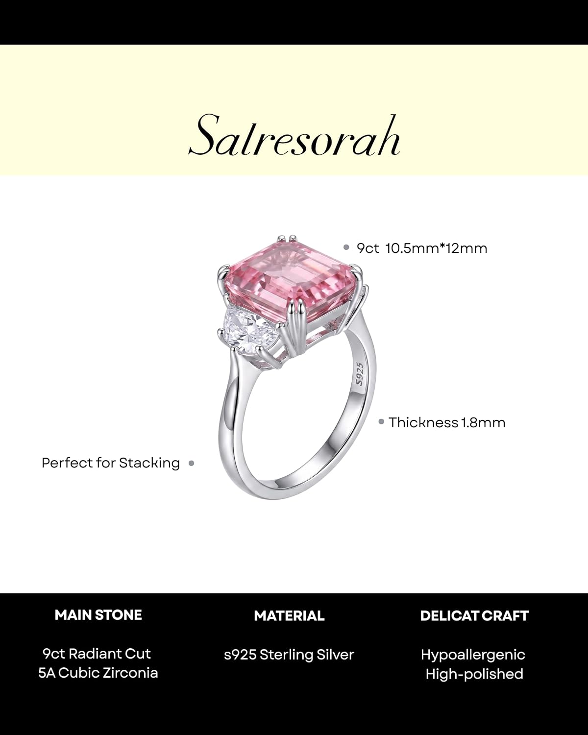 9CT Radiant Cut Crushed Ice Cubic Zirconia Three Stone Engagement Ring for Women, 925 Sterling Silver Platinum Plated Promise Anniversary Cocktail Ring