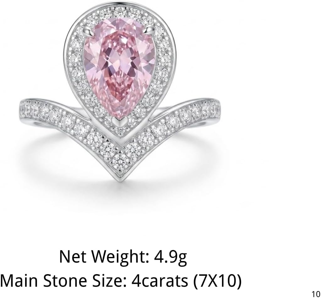 4 Carat Pear Cut Cubic Zirconia Engagement Ring for Women, Ice Cut Floral Halo, 925 Sterling Silver Platinum Plated V-Shape Promise Ring