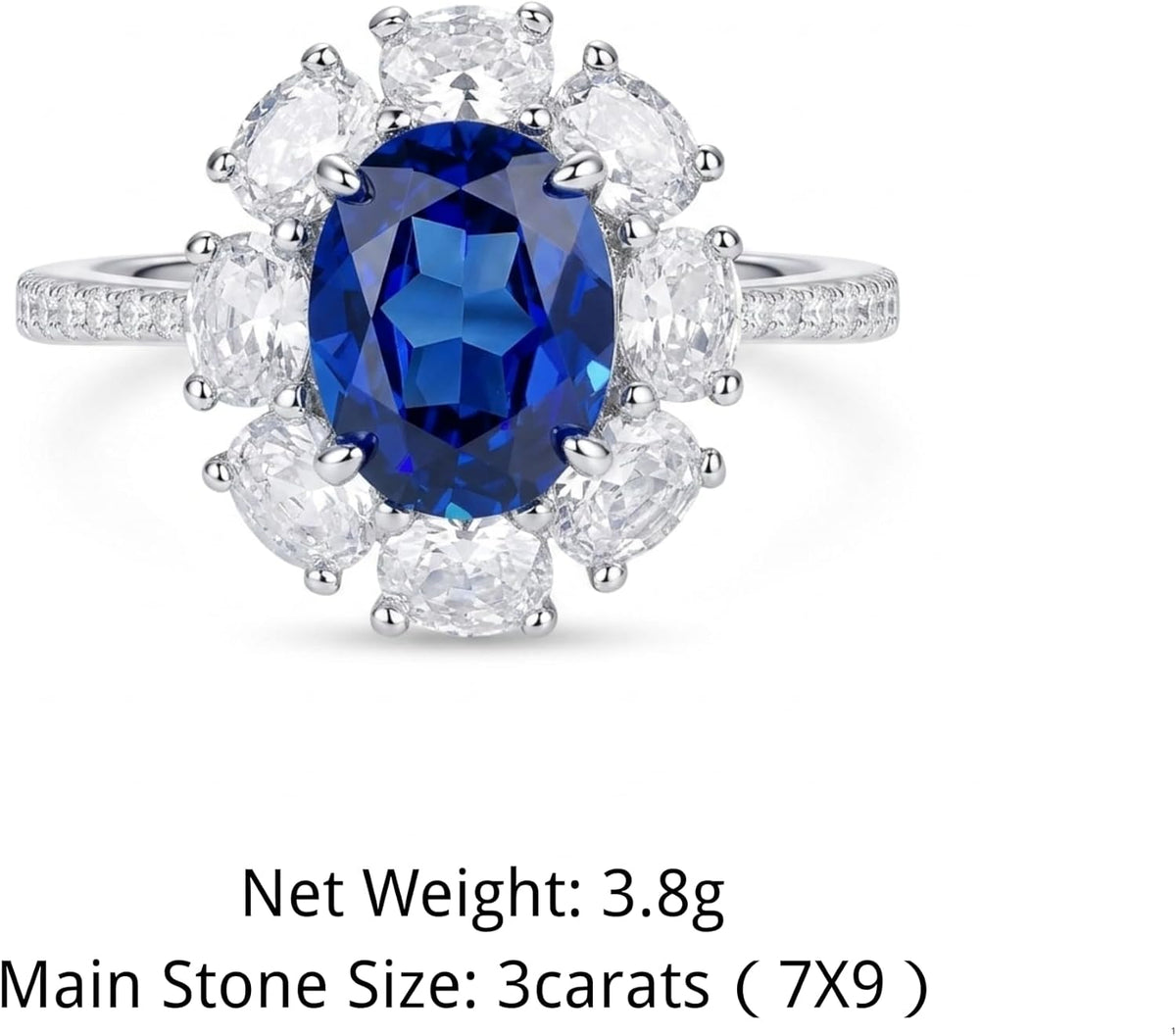 3 Carat Oval Sapphire Blue Cubic Zirconia Halo Ring, 925 Sterling Silver Ring with Platinum Plating, Sapphire Rings for Women, Floral Engagement Ring,Cocktail Ring, Gift for Her